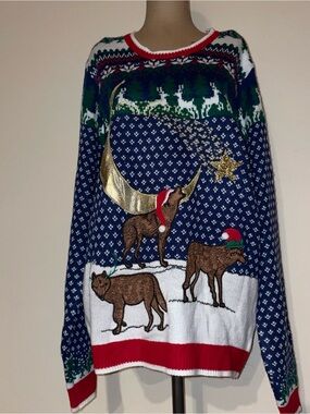 Holiday Time Navy Blue Reindeer Crewneck Sweater with Gold Moon